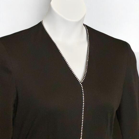 Vintage 70s Caron Petite Black Rhinestone Cocktail Dress 10P Bow Belt Retro Midi - Picture 6 of 10